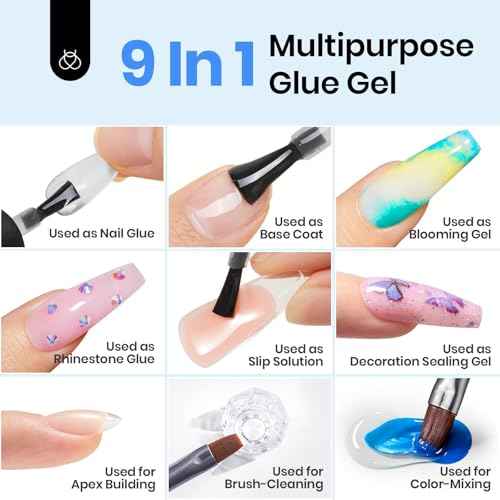 beetles Gel Polish 9 in 1 Gel Nail Glue for Clear Acrylic Nails Tips, Long Lasting Super Strong Brush Nail Glue for Fake Nails, Base Blooming Nail Gel, New Safe Formula, U V Light Cure