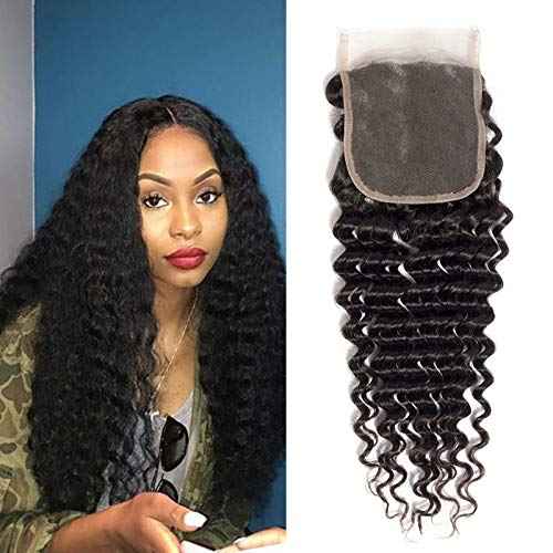 Brazilian Virgin Human Hair Deep Wave Lace Closure 4x4 Free Part 100% Unprocessed Deep Curly Transparent Lace Closure Natural Black color (14Inch)