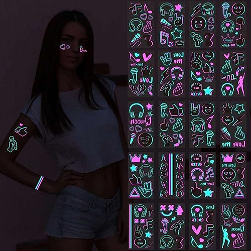 Glow in the Dark Temporary Tattoos - 20 Sheets, 160+ Designs
