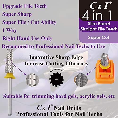 C & I Nail Drill Bit 4 in 1 Super Cut E-File, Multi-function plus Upgrade File-Teeth, Slim Barrel & Straight Cut, for Manicure Drill Machine, Help Nail Tech to Remove Nail Works (Coarse-C)