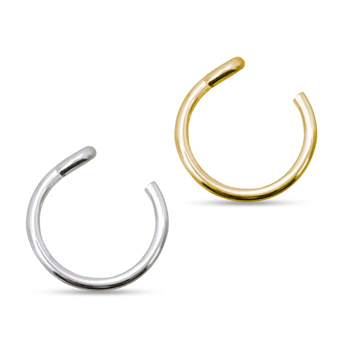 Set of 2 Fake Clip On Nose Rings 20g - Gold and Silver Tone Tiny Faux Piercing Hoops - No Piercing Needed