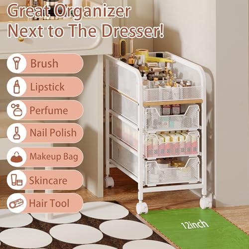 Rolling Makeup Cart Organizer with 3 Drawers - Slim Floor Storage
