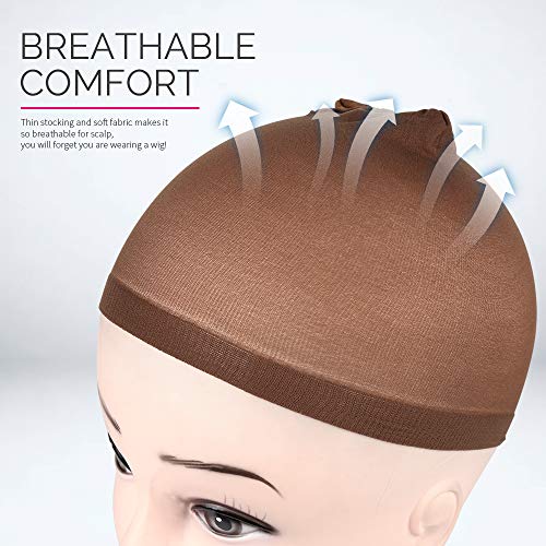 Nylon Wig Cap - Dark Brown Stocking Cap for Women, 4 Pack, Stretchy & Washable
