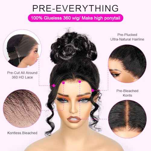 Ossilee 26 Inch Hidden Strap Glueless 360 Lace Front Wigs Human Hair Pre Cut Pre Bleached Pre Plucked Body Wave 360 Full Lace Wigs Human Hair for Black Women 200% Density HD Lace Front Wigs Human Hair