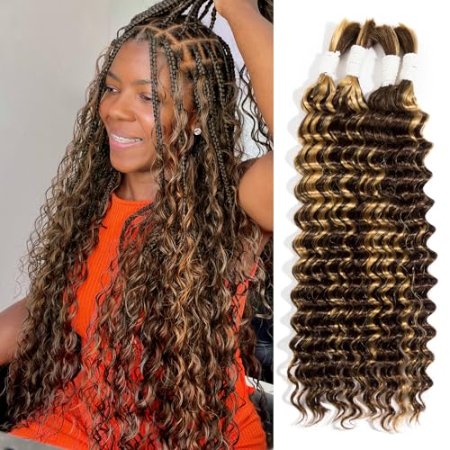 Boho Human Braiding Hair - Deep Wave, 28 Inch, 4 Bundles, Chocolate Brown to Honey Blonde Highlights