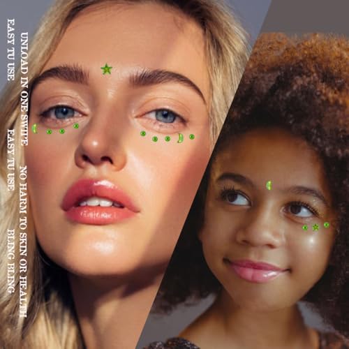 Moon Stars Face Gems Jewels Stick for Women Hair Face Diamonds Crystal Rhinestones Rave Party Festival Alien Club Body Face Eye Nail Makeup Stickers Temporary Tattoos (Green)