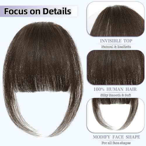 Wispy Bangs Hair Clip, 100% Human Hair Clip In Dark Brown Bangs for Women, Soft Layered Fake Bangs with Feathered Fringe, Easy Clip-On Design for Daily Wear & Halloween