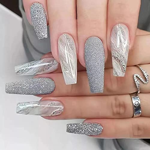 Long Press On Nails Cute Fake Nails Marble Acrylic False Nail Advanced Grey Glue on Nails Full Cover Coffin Stick on Nails for Women Manicure Decorations 24Pcs