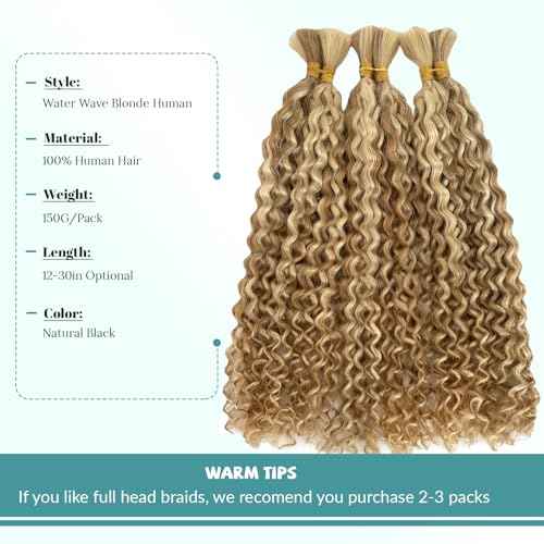 Blonde Colored Human Hair Braiding Hair Wet and Wavy Bulk Boho Hair for Braiding 150G Long 30 Inch No Weft Knotless Wet and Wavy Bundles Real Human Hair Extensions 3 Braids/Pack
