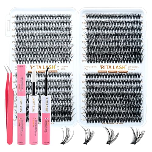 Lash Extension Kit 30D+40D+50D+60D DIY Lash Clusters 640pcs Cluster Lashes Individual Lashes Eyelash Extension Kit with Lash Bond and Seal,Lash Tweezers(30D+40D+50D+60D Kit,10-16mm)