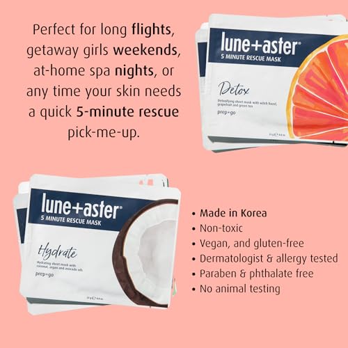 Lune+Aster 5 Minute Rescue Mask - Hydrate | Deeply Hydrating Sheet Mask with Hyaluronic Acid, Coconut, Argan and Avocado Oils. Made in Korea.