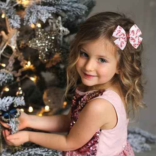Christmas Candy Cane Print Ribbon Hair Bow Clips Barrettes Alligator Hairpins for Girls, Teens, Toddlers, Kids, Women Candy Cane Decorations Accessories Xmas Holiday Gift (O)
