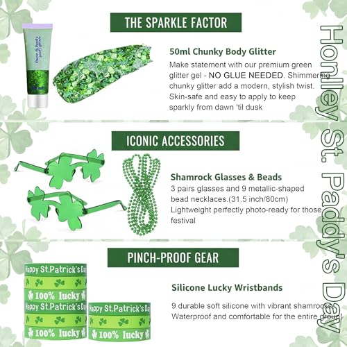 St. Patrick¡¯s Day Party Accessories Outfit for Women- Green Chunky Face Body Hair Glitter, Green Bead Necklaces Bracelets, Shamrock Sunglasses - Irish Saint Paddy Decor Party Favors Supplies