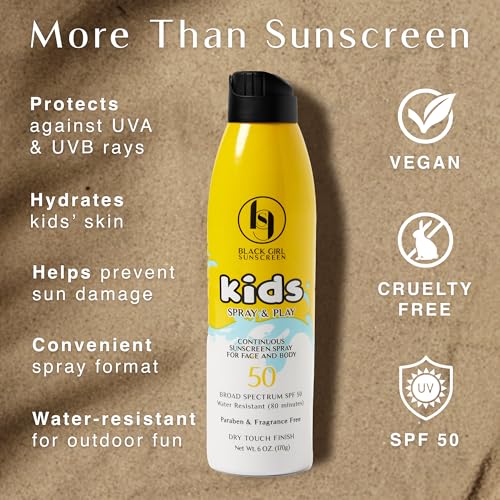 Black Girl Sunscreen Kids Sunscreen Spray & Play- Sun Protection for Kids' Skin, SPF 50 Face & Body, Water Resistant for 80 Minutes, Ideal for Beach & Travel, No White Cast for Melanin Rich Skin- 6 oz