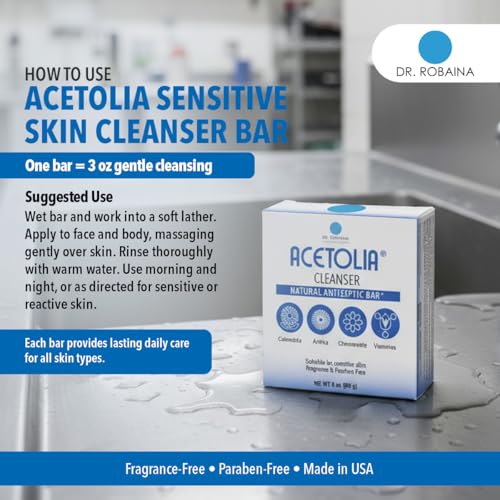Dr. Robaina ACETOLIA Sensitive Skin Cleanser Bar ? Gentle Face & Body Soap with Calendula, Arnica, Chamomile & Aloe | Fragrance-Free, Steroid-Free, pH-Balanced | Made in USA | 3 oz