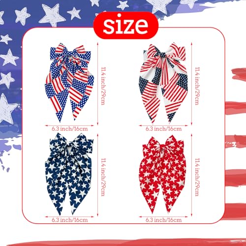 Muumoo 4th of July Hair Clips, 11.4In x 6.3In Handmade Patriotic Fable Bow Hair Accessories for Women Girls Toddlers Kids, 4 Count