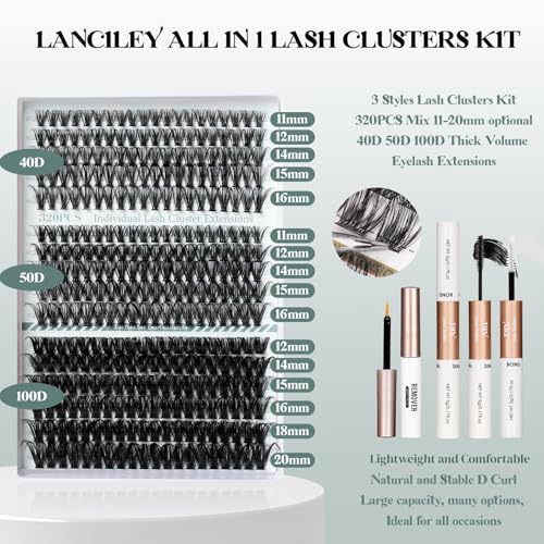 Lash Clusters Kit 320PCS - DIY Eyelash Extensions with Bond & Seal