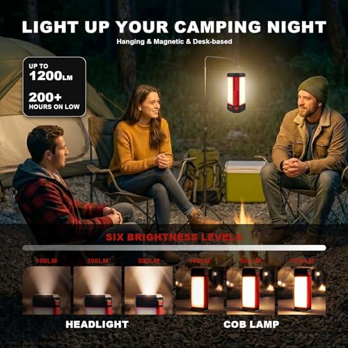 Red Portable Rechargeable Camping Lantern 1200LM LED Work Light with Magnetic Hook