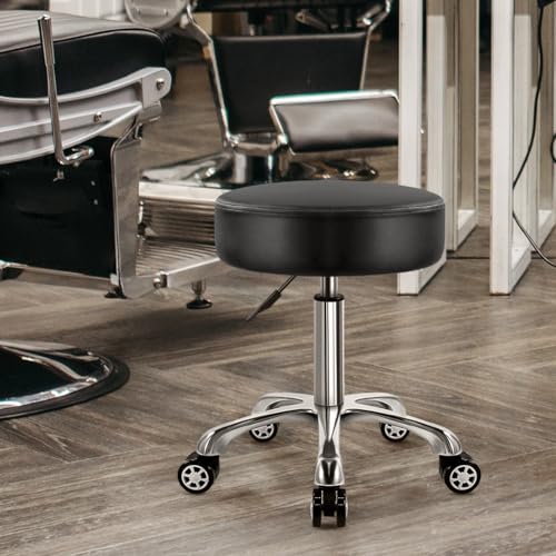 Heavy Duty Rolling Stool with Wheels 360 Swivel Adjustable Rolling Stool Hydraulic Lift Thick Leather Seat Ergonomic Chair for Kitchen Drafting Lab Office Salon Massage Black