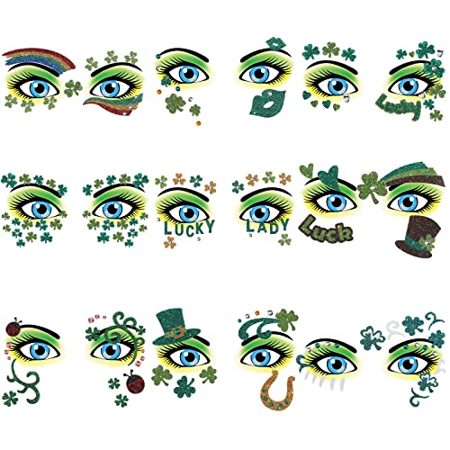 St. Patrick's Day Face Stickers, 9 Sheets Glitter Rhinestone Shamrock