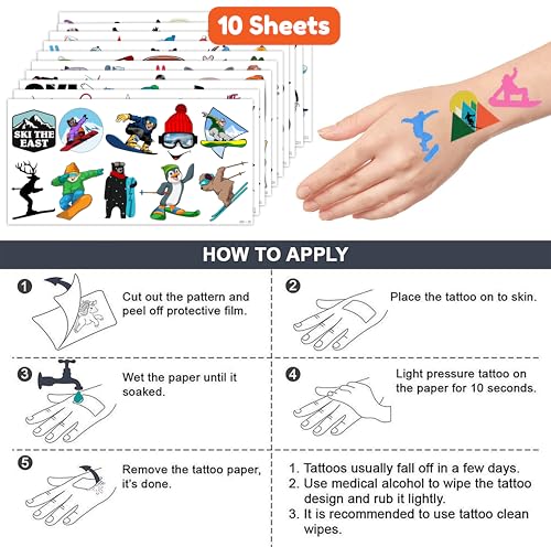 Winter Skiing Temporary Tattoos - 10 Sheets, 100 PCS