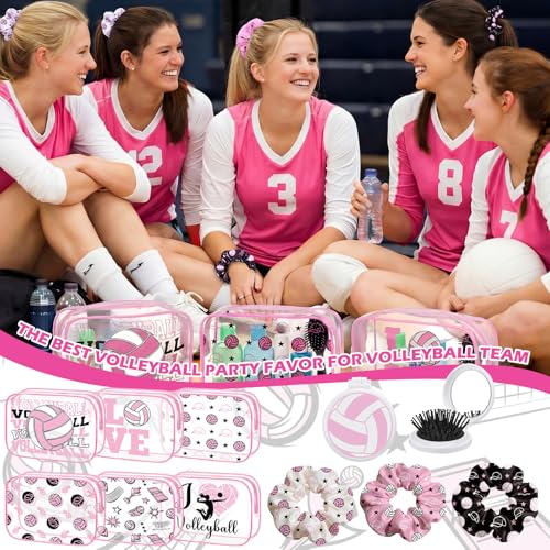 36 Pcs Pink Volleyball Gifts for Girl 12 Pink Volleyball Makeup Bag Bulk Cosmetic Bag Sport Team Gifts with 12 Sport Hair Scrunchies 12 Round Portable Folding Brush Mirror for Team Party