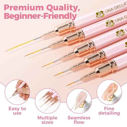 UNA GELLA Nail Art Brushes Metallic, 5 Count Liner Pens Set For Nail Art Gel Polish, Detail Nail Art Design Painting Brush Set For Nails Gel Fine Drawing Nail Tools, Sizes 7/9/11/15/25mm