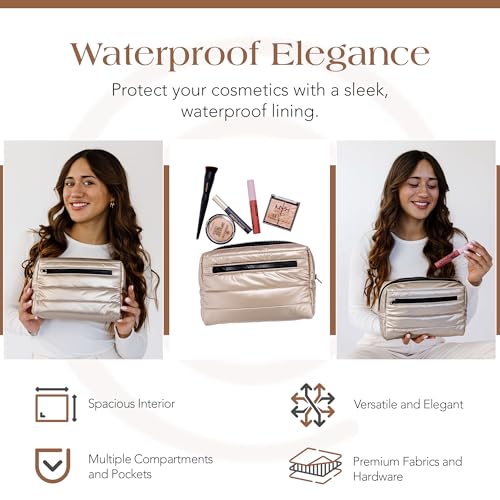 Citi Collective Premium Cosmetic Bag for Women| Makeup Travel Bag, Toiletry Bags for Women| Large Capacity Storage Waterproof Cosmetic Bag for Business, Vacation, or Weekend Traveling (Gold)