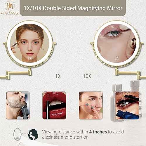 Rechargeable Wall Mounted Lighted Makeup Vanity Mirror 8 Inch Double Sided 1X 10X Magnifying Bathroom Mirror, 3 Color Lighting, Touch Screen Dimming, 360 Rotation Shaving Mirror Gold