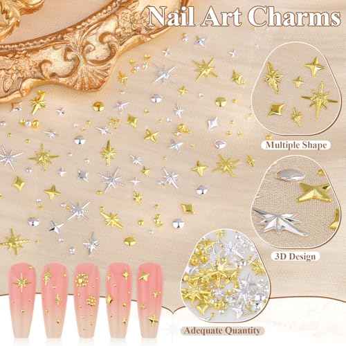 2640Pcs 3D Star Nail Charms, Gold & Silver Multi-Shapes Metallic Nail Art Gems and Small Round Caviar Beads, Craft Jewels Nail Rhinestones Accessories Manicure Decor with Tweezers and Pick-up Pencil