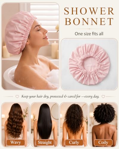 Edoneery Reusable Waterproof Shower Cap for Women - Pink, Large Fit