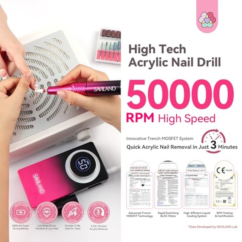 SAVILAND Electric Nail Drill 50000 RPM with 10H Battery Life