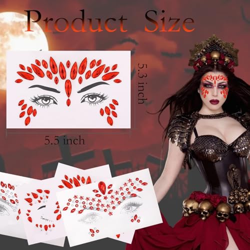 Halloween Red Face Gems Stickers - 4 Sheets Rhinestone Tattoos