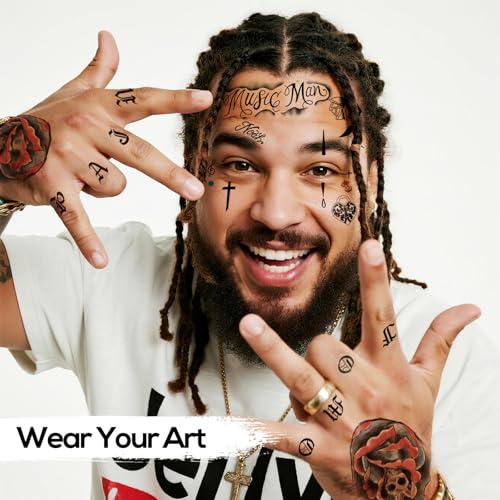 4 Sheets Cosplay Hip-Hop Temporary Face and Body Tattoos ? Rapper-Inspired Fake Tattoo Stickers for Men, Women and Kids ? Realistic Waterproof Tattoos for Cosplay, Halloween, Parties