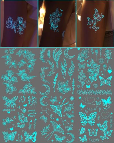 Glow in the Dark Butterfly Temporary Tattoos, 7 Sheets Waterproof