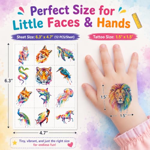 96 PCS Watercolor Animal Temporary Tattoos for Kids