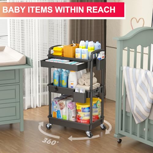 Goovilla Black 3-Tier Rolling Utility Cart with Removable Drawer