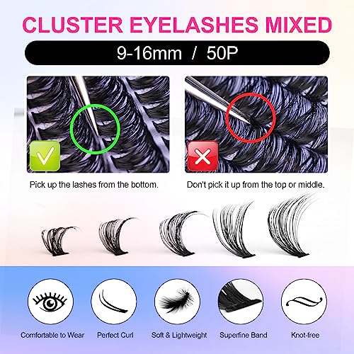 DIY Lash Extension Kit, 240Pcs Lash Cluster Individual Eyelash Extension Kit Natural Volume DD Curly Cluster Lashes with Lash Bond and Seal, Application at Home DIY Eyelash Extensions Kit(50p, 9-16MM)