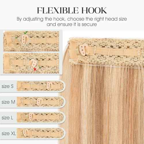 Halo Hair Extensions Real Human Hair Invisible Wire Extensions with Transparent Fish Line Adjustable Size Golden Brown & Bleach Blonde 16 inch