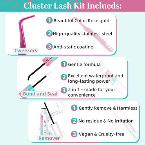 Lash Extension Kit Individual Lash Clusters Kit Bottom Lashes,Fishtail Fan,20D Spike Fan,30D Clusters,Lash Bond and Seal Eyelash Remover and Lash Tweezer DIY at Home by AMZGlRL(D-Mix5-16mm kit)