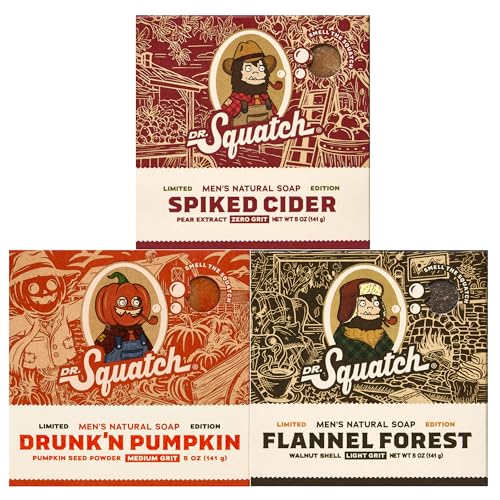 Dr. Squatch Fall Collection - Natural 3 Soap Gift Set - Cold Process Soap with No Harsh Chemicals - Drunk'n Pumpkin, Spiked Cider, Flannel Forest (3 Pack)