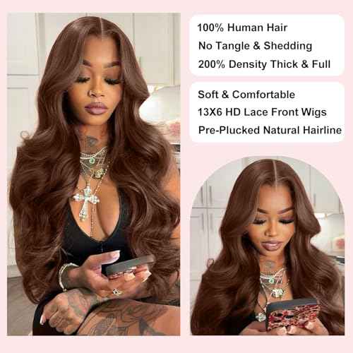 30 Inch Chocolate Brown Lace Front Wig Human Hair 200 Density Body Wave 13x6 Hd Lace Front Wigs Human Hair Pre Plucked 4# Brown Wig Human Hair Colored Wigs for Women