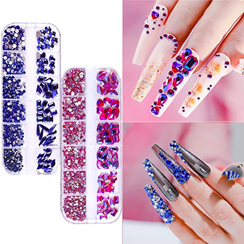 JERCLITY 2430pcs Flat Back Pink Nail Rhinestones Blue Nail Rhinestones Black Nail Rhinestones for Nails Round Beads Crystals Gems Stones Multi Shapes Sizes Nail Rhinestones for Acrylic Nail Face Art