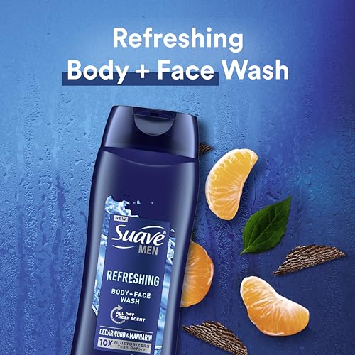 Suave Men Moisturizing Body & Face Wash, With Cedarwood and Mandarin Scent, No Parabens, No Phtahaltes, 18 Oz Pack of 12