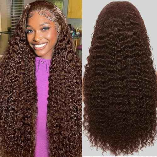 Anderah 30Inch Chocolate Brown Deep Wave Lace Front Wigs Human Hair 200 Density 13x6 HD Lace Frontal Wigs Curly Human Hair Wig For Women Pre Plucked with Natural Hairline 4# Brown Color