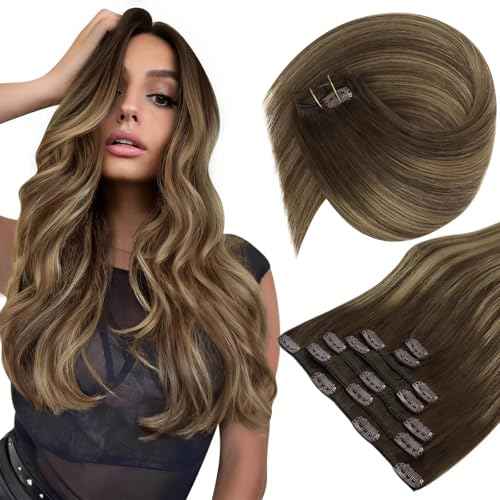 Sunny Hair Clip in Hair Extensions Straight Human Hair Clip in Extensions Remy Clip in Hair Extensions Real Human Hair Extensions Clip ins Balayage Chocolate Brown Ombre Caramel Blonde 18inch