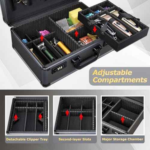 Professional Barber Case with Barber Clipper Tray Organizer, 6 Adjustable Clipper Slots & 8 Shear Holders, Portable Barber Carrying Case for Hair Tools & Supplies with Combo Locks