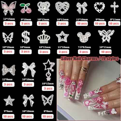 106 Pcs Nail Charms and Gems Silver Nail Charms Nail Rhinestones for Nails Design 3D Butterfly, Bow, Star,Cherry,Cross,Dollar,Heart Shapes for Acrylic Nails (19 Styles)