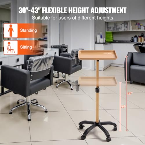 VEVOR Salon Tray Cart, 30"-43" Height Adjustable Rolling Salon Tray, Cold-Rolled Plate Tattoo Tray with 5 Wheels (2 Lockable) for SPA Barber Clinic, Gold & Black