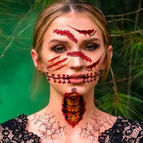 8PCS Fake Scars Tattoo Temporary Halloween Makeup Kit for Adult Women Men Zombie Sticker Scary Prank Fake Stitches Horror Evil Smile for Women Cosplay Party